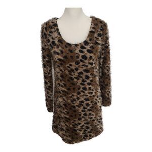 Miss D Long Sleeve Scoop Neck Cozy Soft Leopard Print‎ Eyelash Knit Mini Dress M